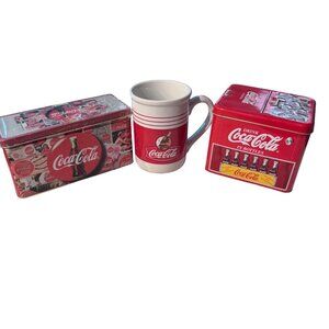 Vintage Coca-Cola Collectors Set With Tin Storage Boxes & Ceramic Mug